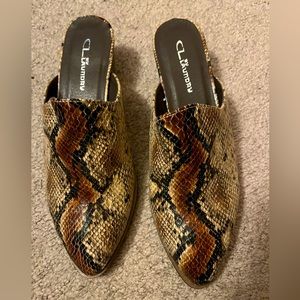 CL BY LAUNDRY MULES.  LIKE NEW - never worn outside.  Snake skin style.